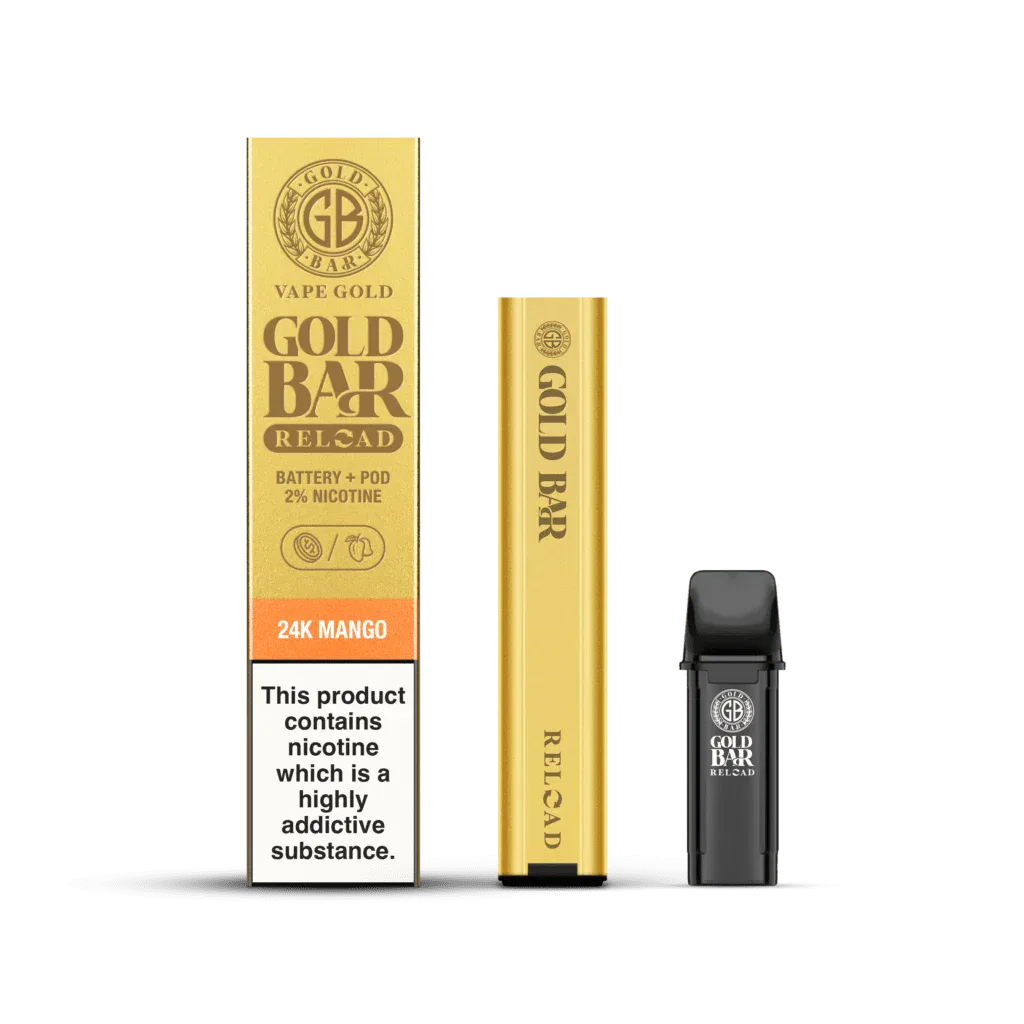 Gold Bar Reload Set de Vaper recargable sistema pod cerrado con 1 cartucho de sabor Mango, Gold Bar Reload Rechargable Vaper Type Closed POD system with 1 POD flavour Mango