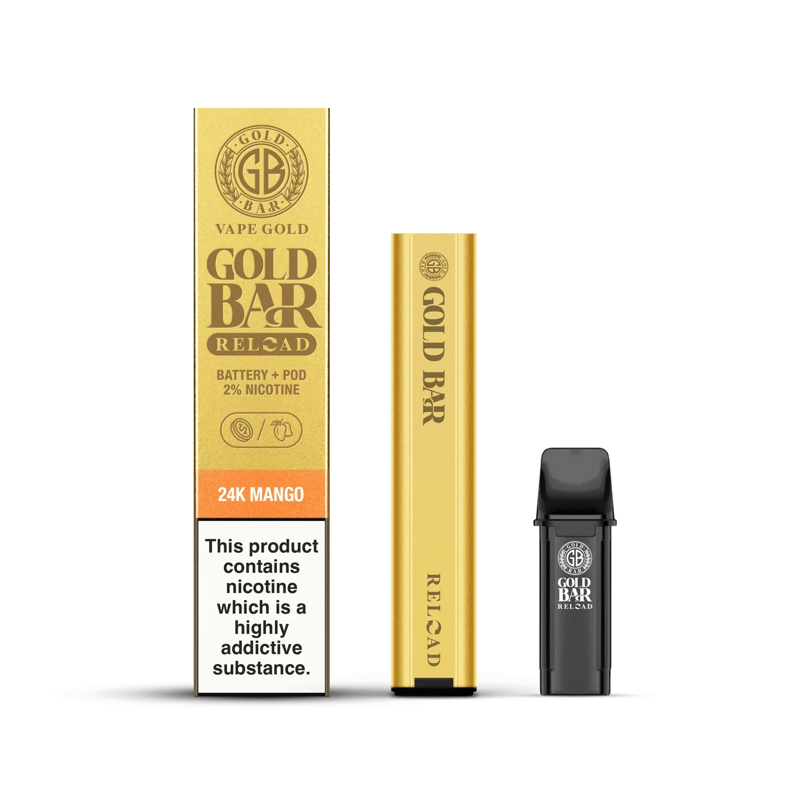Gold Bar Reload Set de Vaper recargable sistema pod cerrado con 1 cartucho de sabor Mango, Gold Bar Reload Rechargable Vaper Type Closed POD system with 1 POD flavour Mango