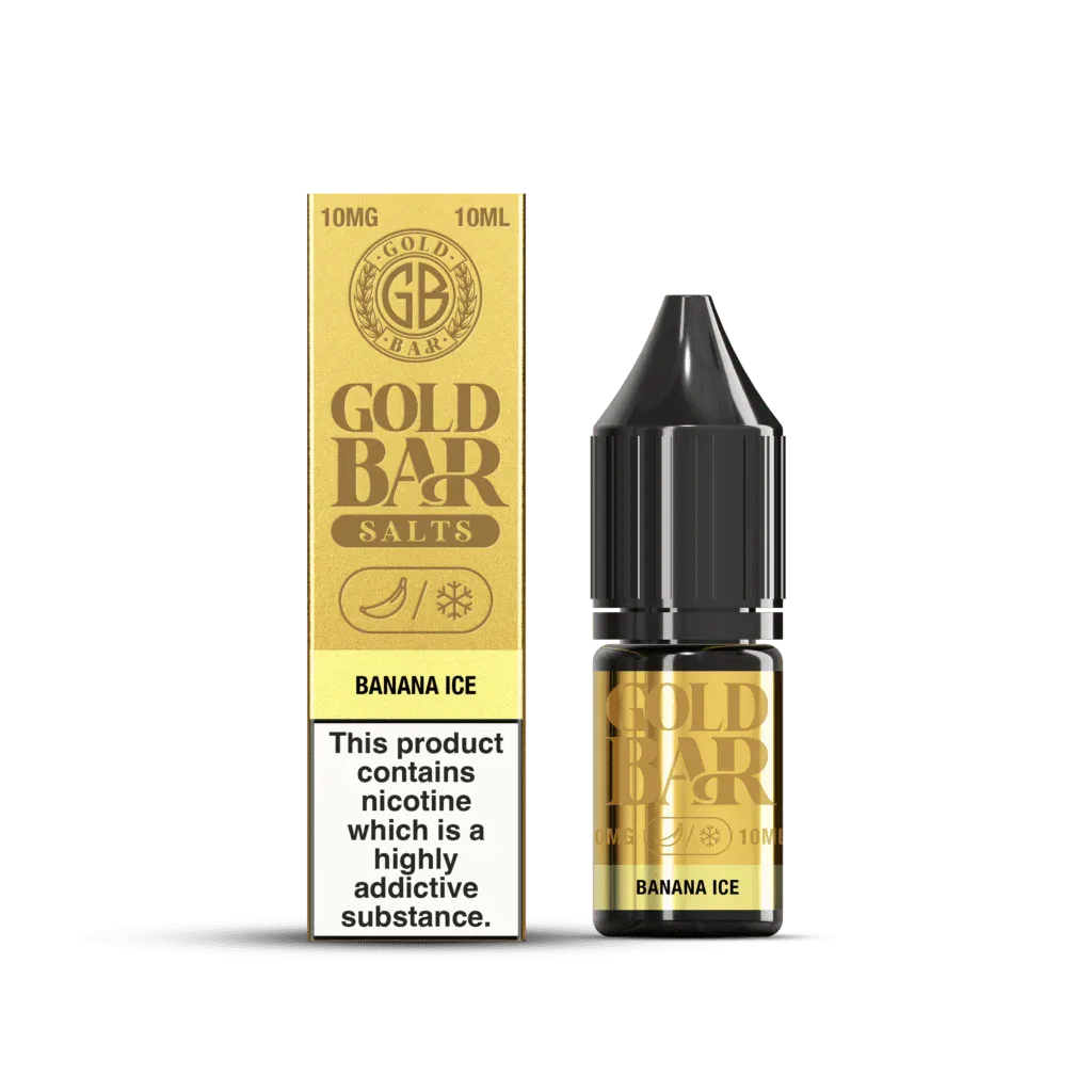 Botella y Embalaje de Gold Bar e-líquido tipo sales de nicotina sabor platano hielo, banana ice