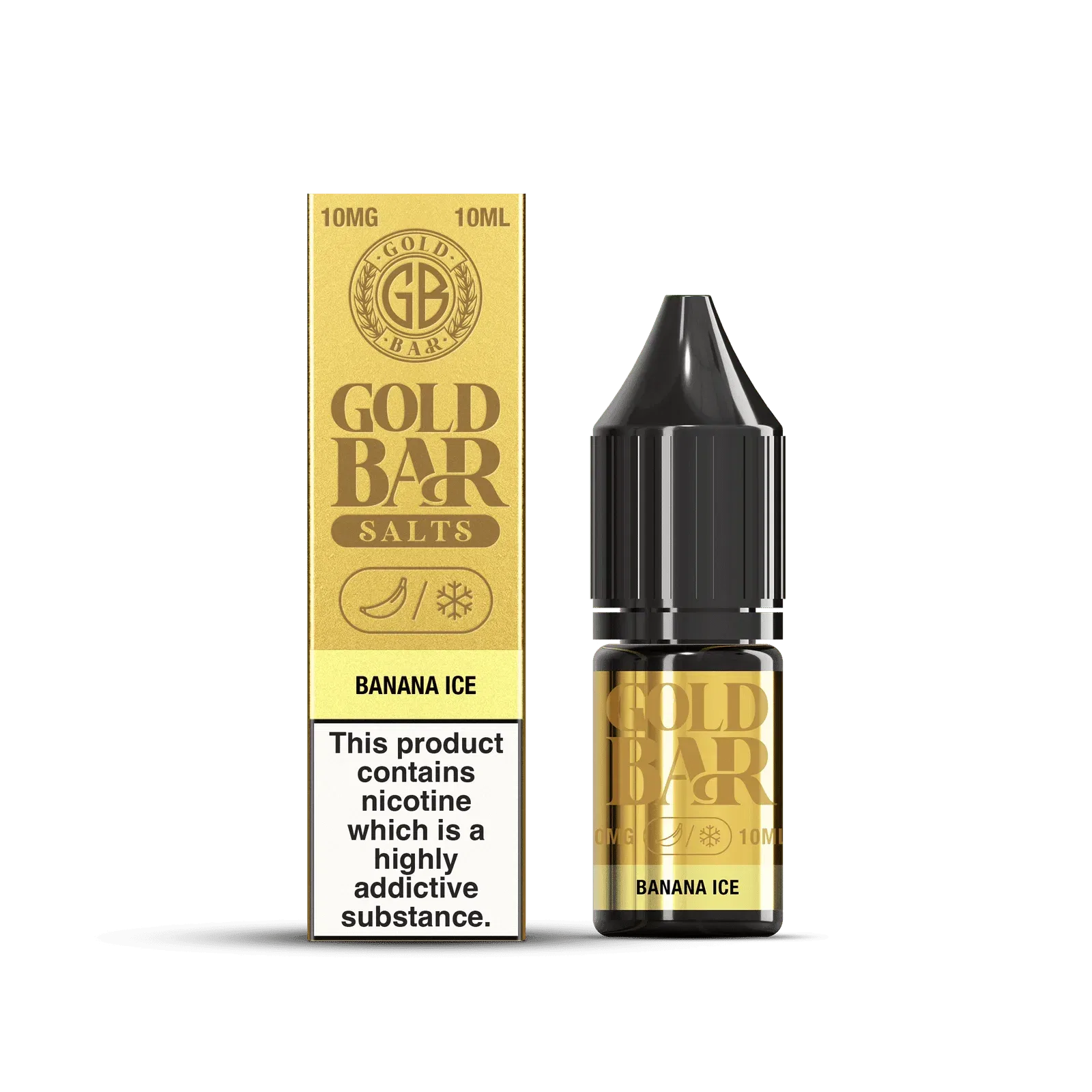 Botella y Embalaje de Gold Bar e-líquido tipo sales de nicotina sabor platano hielo, banana ice