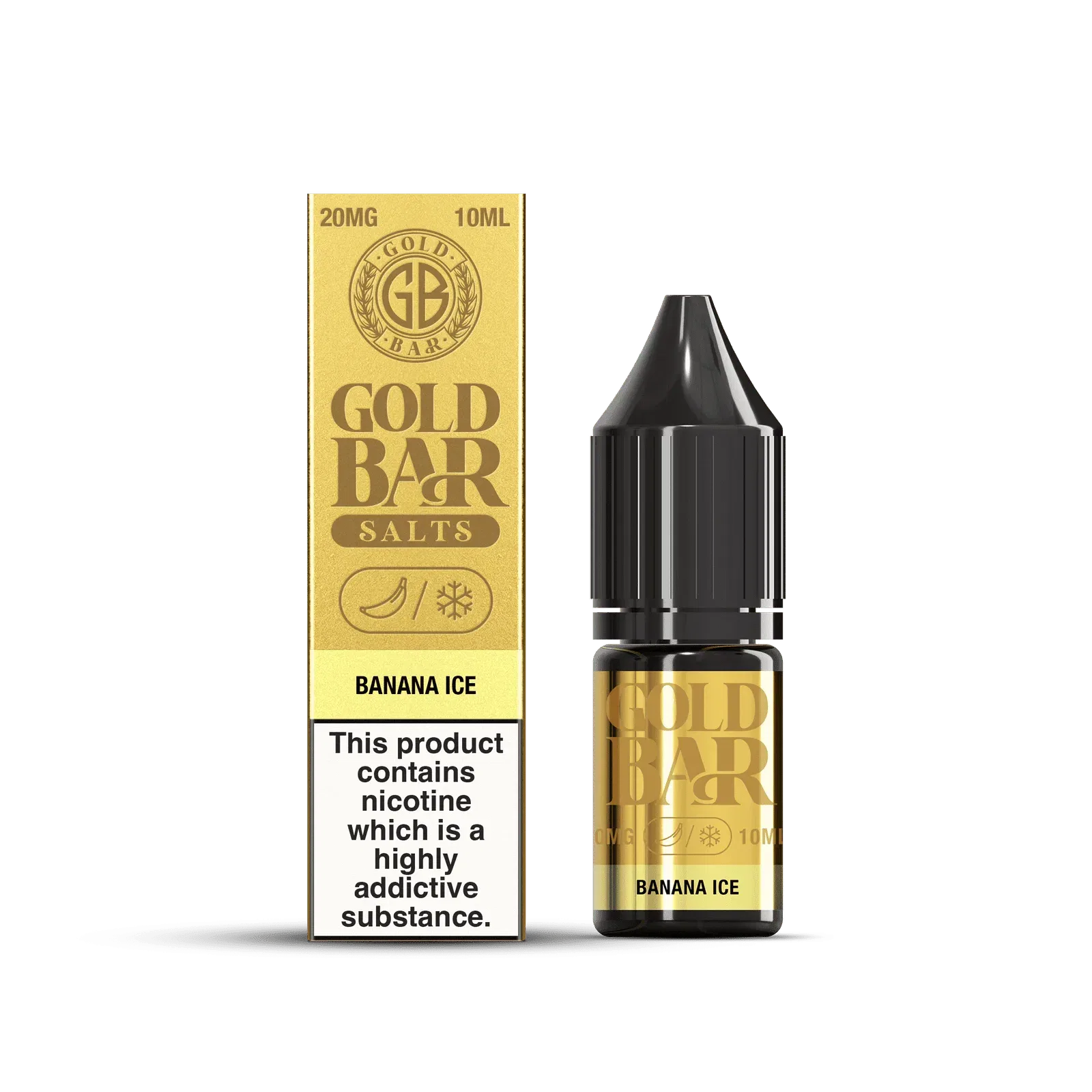 Botella y Embalaje de Gold Bar e-líquido tipo sales de nicotina sabor platano hielo, banana ice