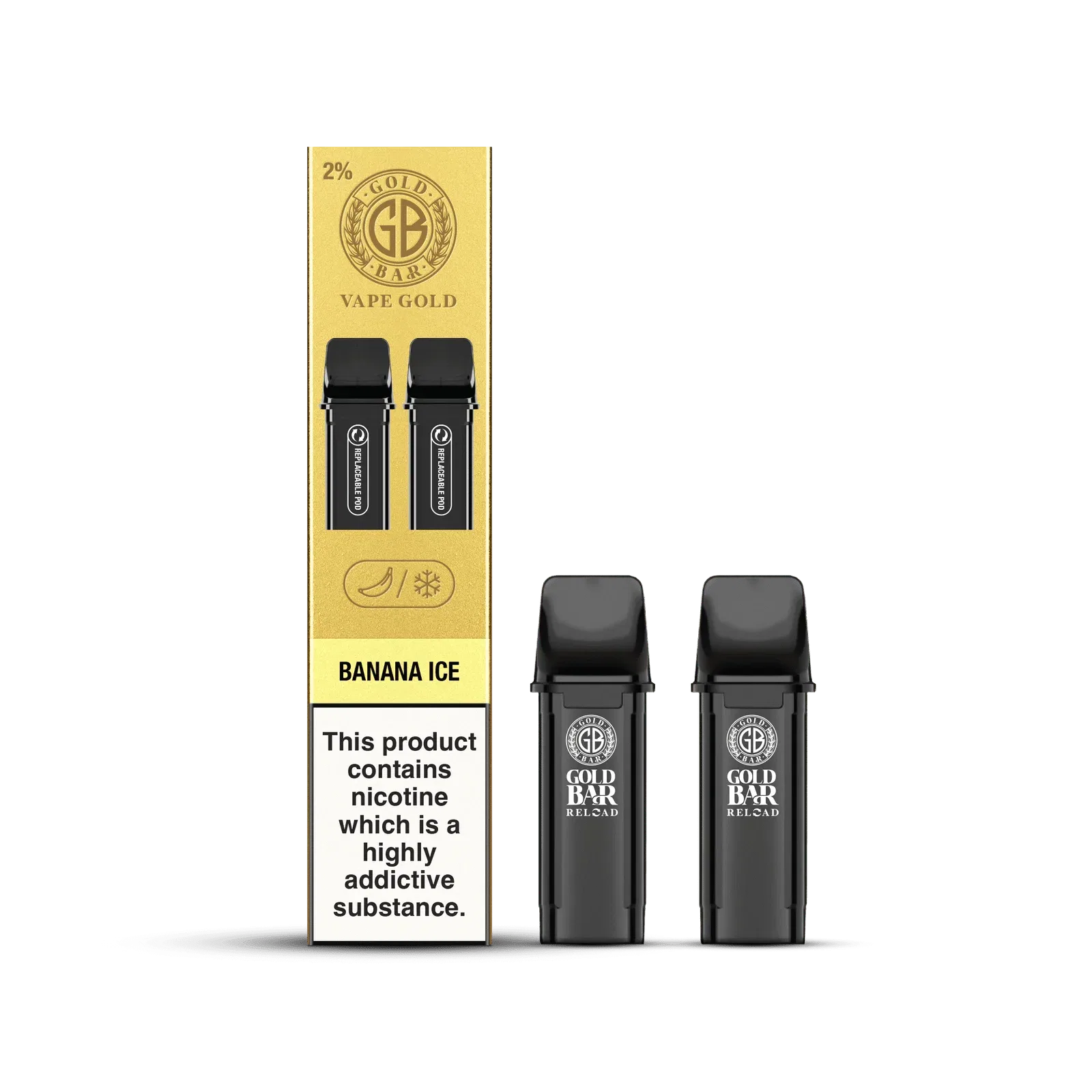 Gold Bar Reload, Cartuchos de Recambio para el Vaper Recargable, cartucho cerrado, closed pos system, sabor platano hielo, Banana Ice, 2 piezas