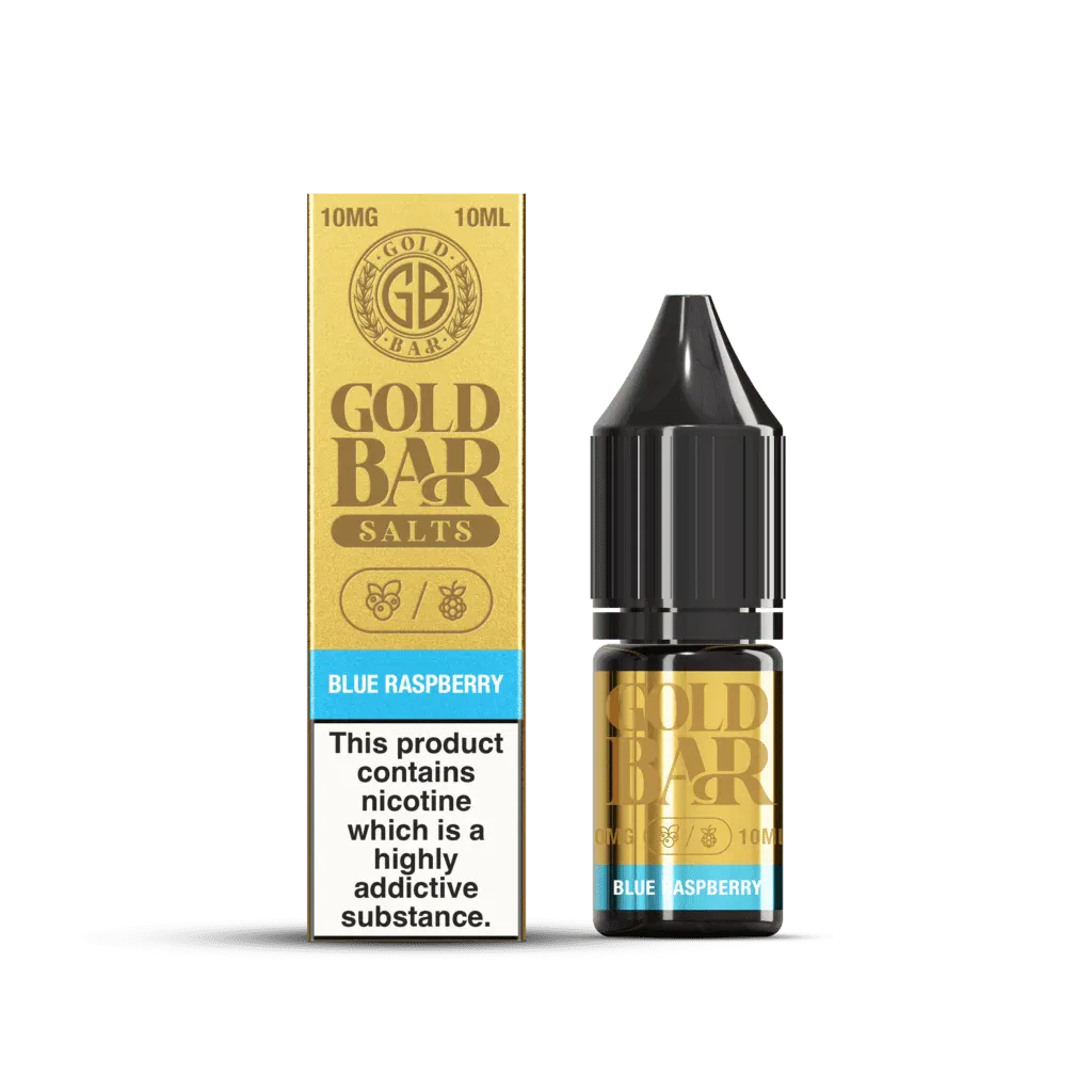 Botella y Embalaje de Gold Bar e-líquido tipo sales de nicotina sabor frambuesa hielo, Blue Raspberry, Blue Razzberry Ice