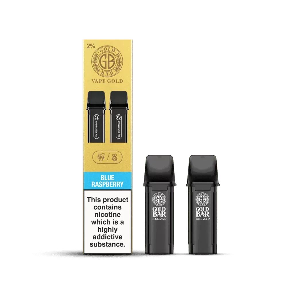 Gold Bar Reload, Cartuchos de Recambio para el Vaper Recargable, cartucho cerrado, closed pos system, sabor frambuesa, blue razz, 2 piezas