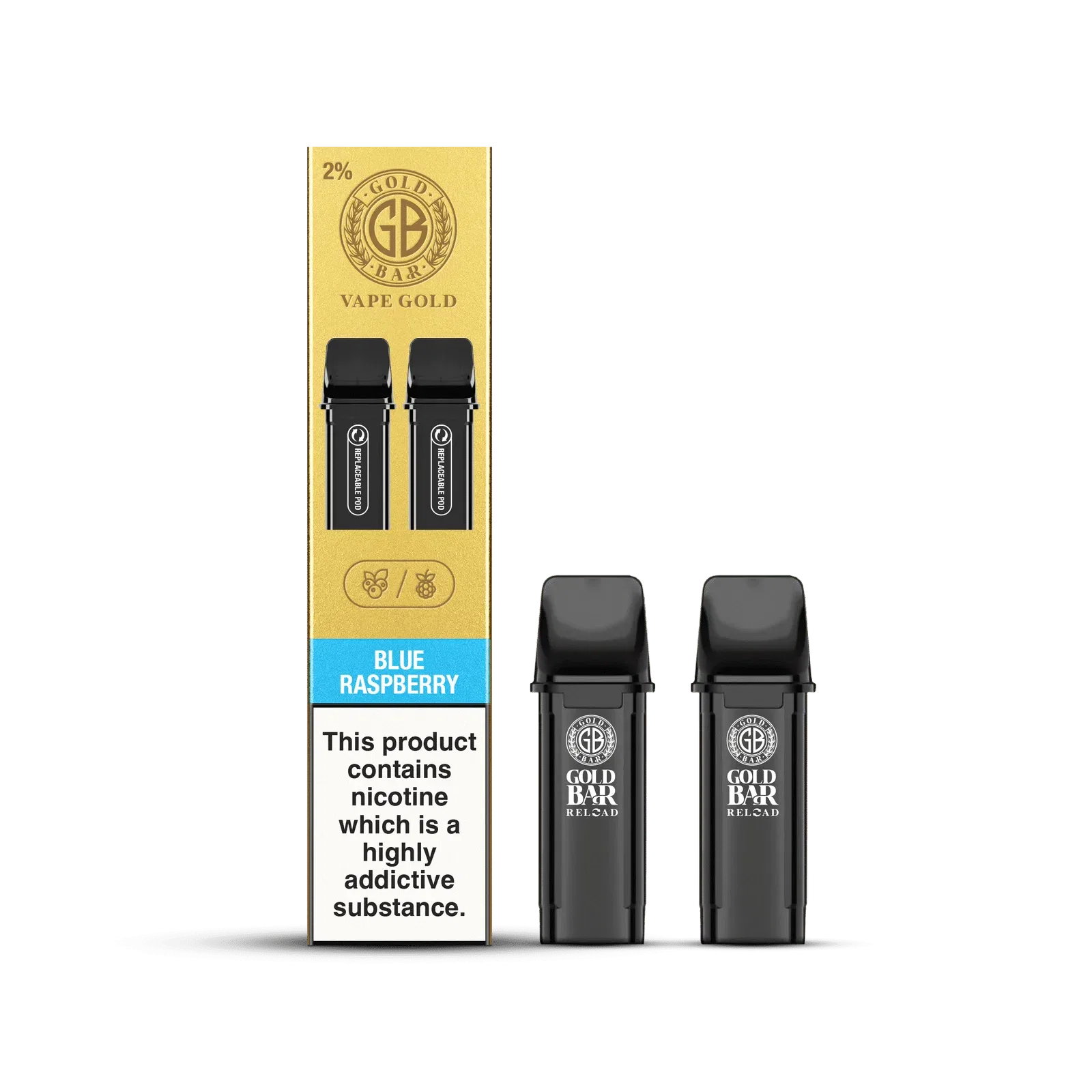 Gold Bar Reload, Cartuchos de Recambio para el Vaper Recargable, cartucho cerrado, closed pos system, sabor frambuesa, blue razz, 2 piezas