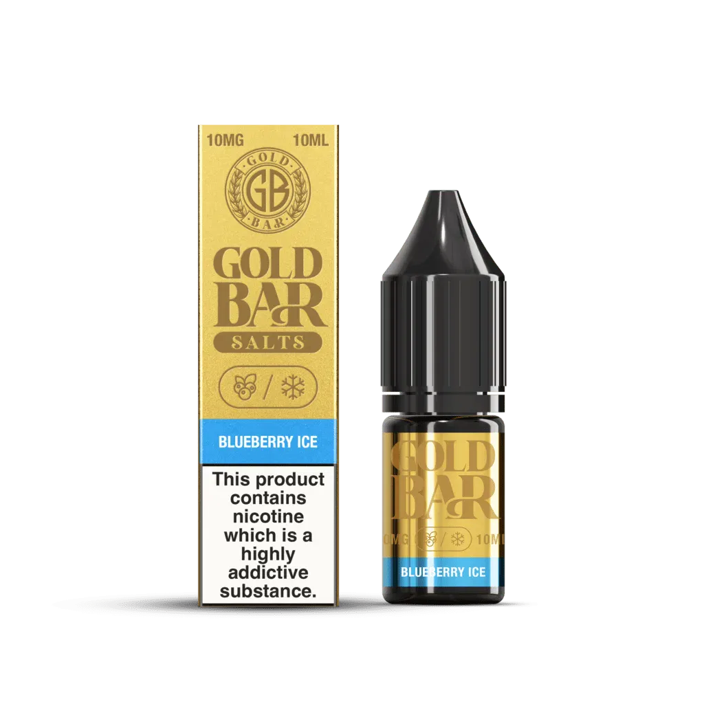 Botella y Embalaje de Gold Bar e-líquido tipo sales de nicotina sabor arandanos hielo, Blueberry Ice