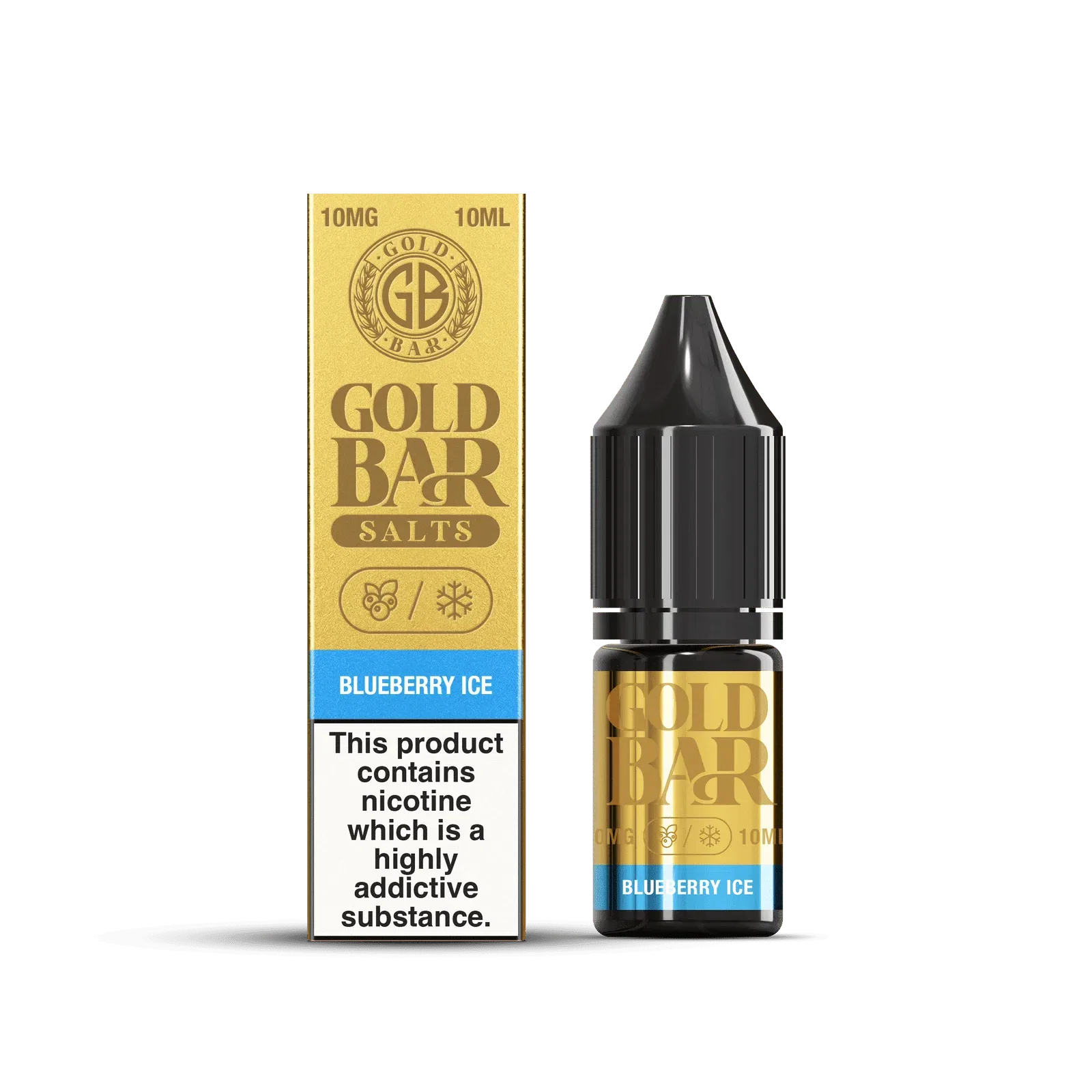 Botella y Embalaje de Gold Bar e-líquido tipo sales de nicotina sabor arandanos hielo, Blueberry Ice