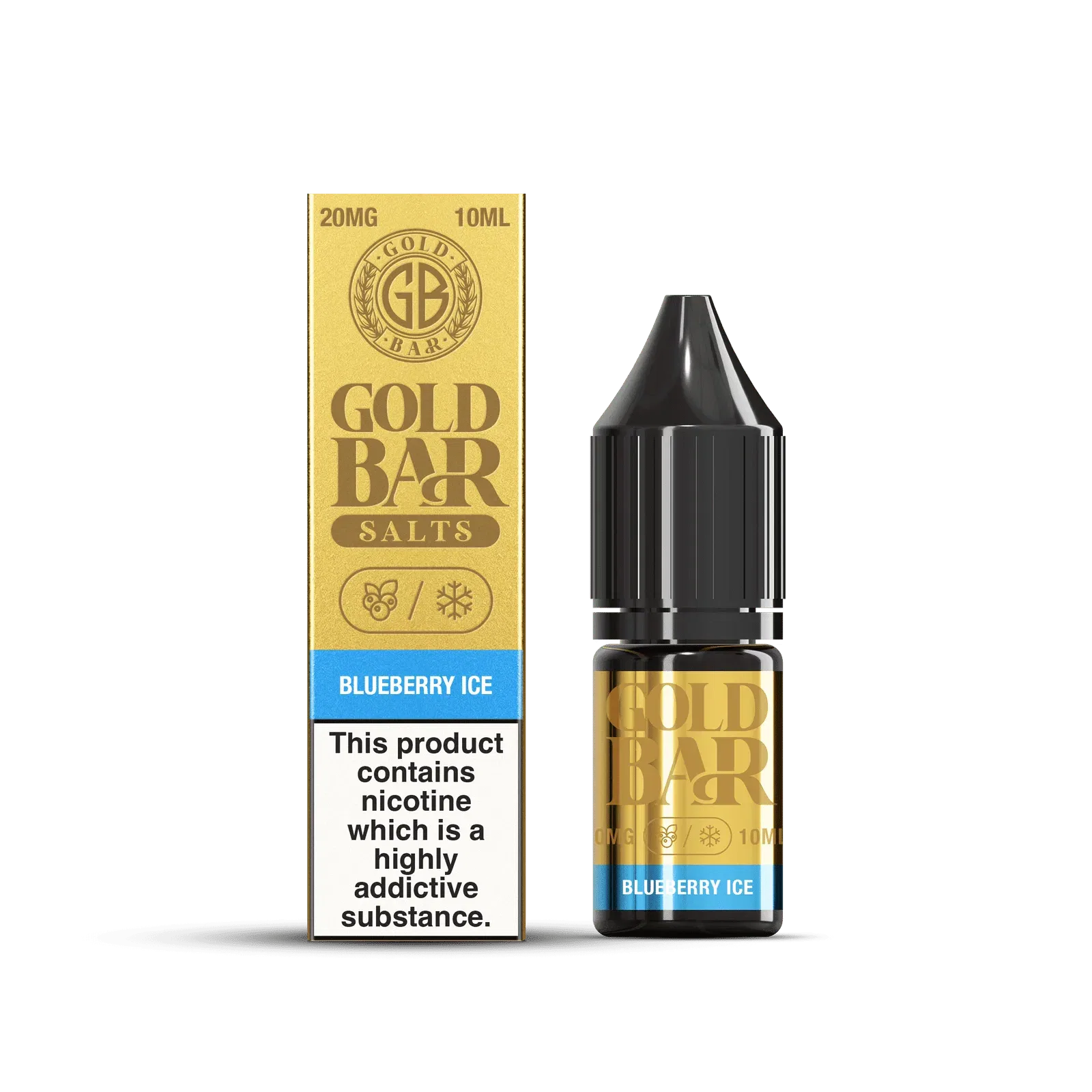 Botella y Embalaje de Gold Bar e-líquido tipo sales de nicotina sabor arandanos hielo, Blueberry Ice