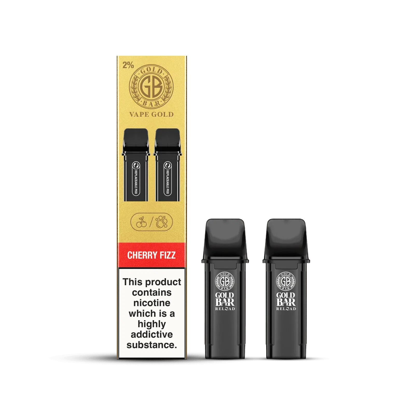 Gold Bar Reload, Cartuchos de Recambio para el Vaper Recargable, cartucho cerrado, closed pos system, sabor refresco de cereza, Cherry Fizz, 2 piezas