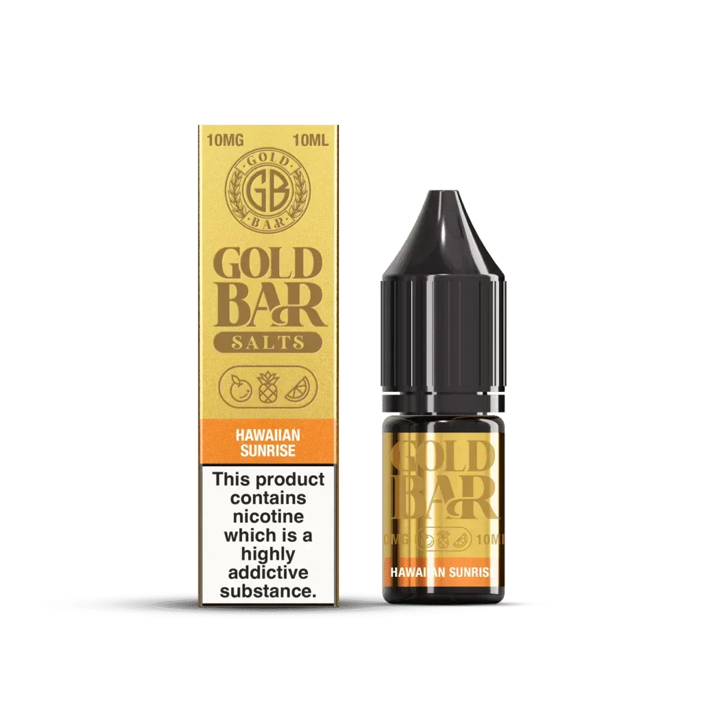 Botella y Embalaje de Gold Bar e-líquido tipo sales de nicotina sabor Hawaiian Sunrise, mango, sandía melocotón, Mango Watermelon Peach