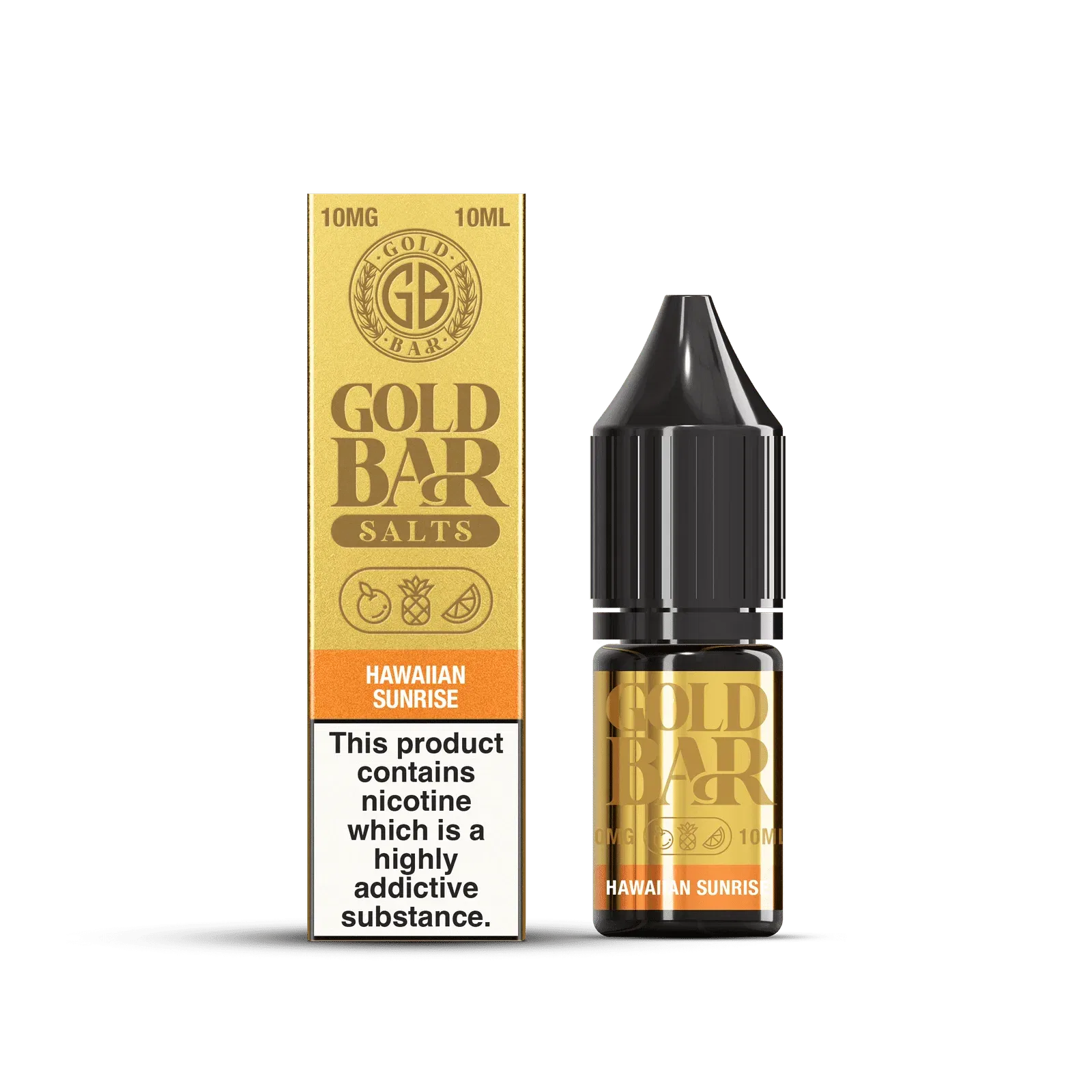 Botella y Embalaje de Gold Bar e-líquido tipo sales de nicotina sabor Hawaiian Sunrise, mango, sandía melocotón, Mango Watermelon Peach