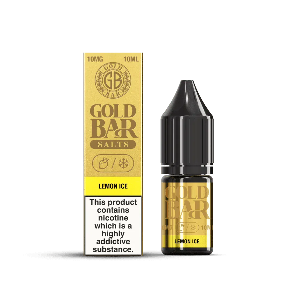 Botella y Embalaje de Gold Bar e-líquido tipo sales de nicotina sabor limón hielo, lemon ice