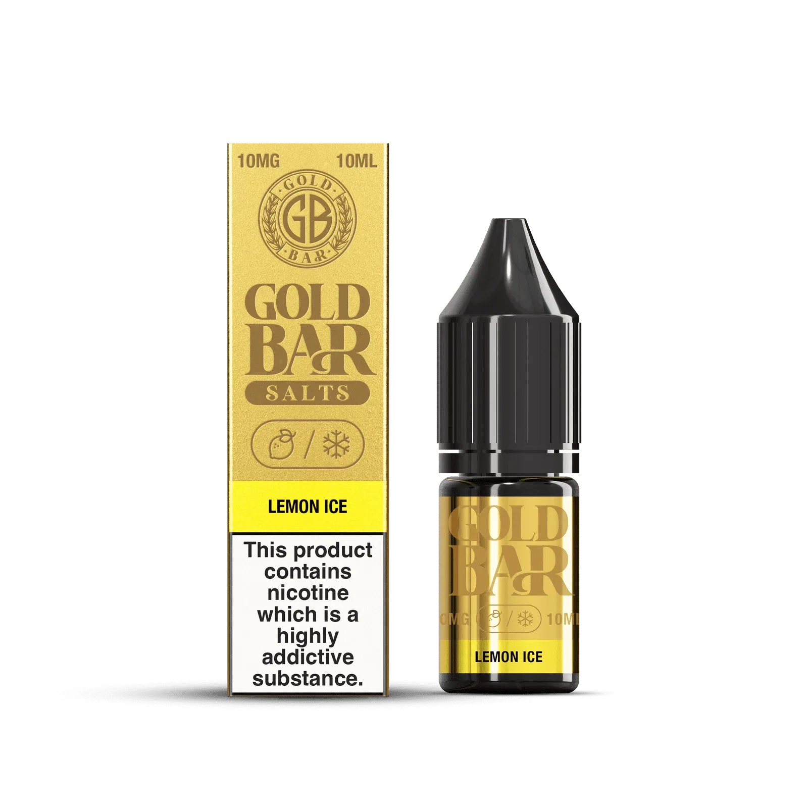 Botella y Embalaje de Gold Bar e-líquido tipo sales de nicotina sabor limón hielo, lemon ice