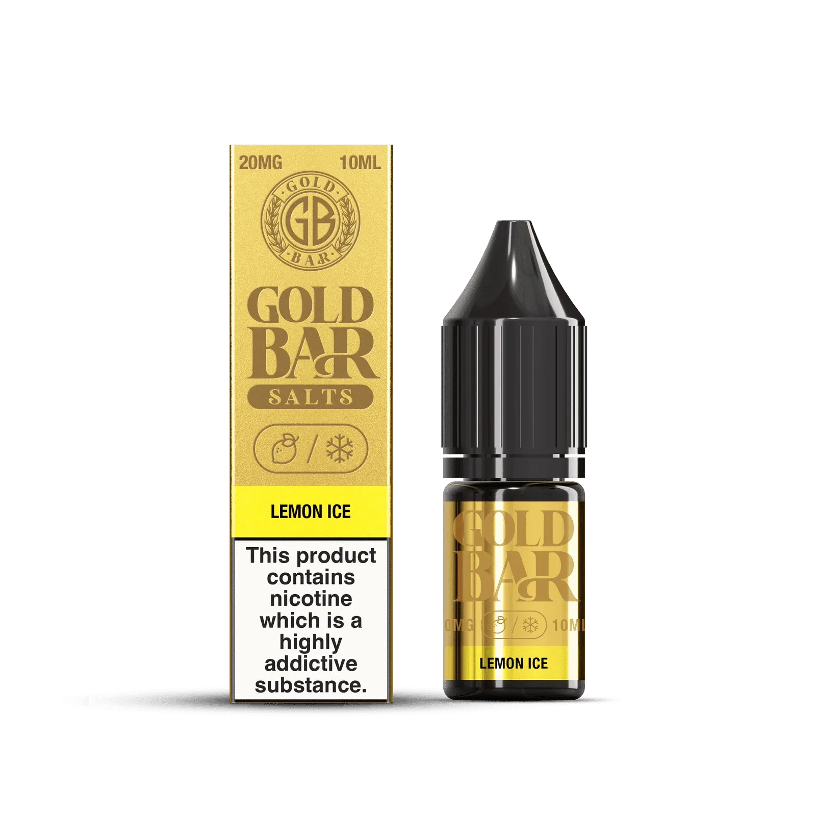 Botella y Embalaje de Gold Bar e-líquido tipo sales de nicotina sabor limón hielo, lemon ice