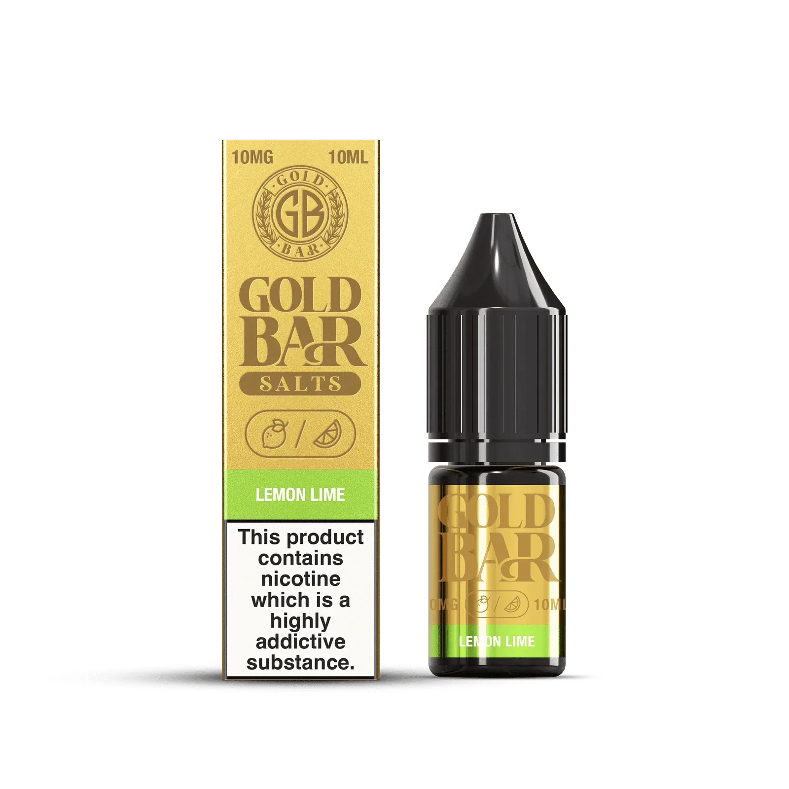 Botella y Embalaje de Gold Bar e-líquido tipo sales de nicotina sabor limón lima, lemon lime