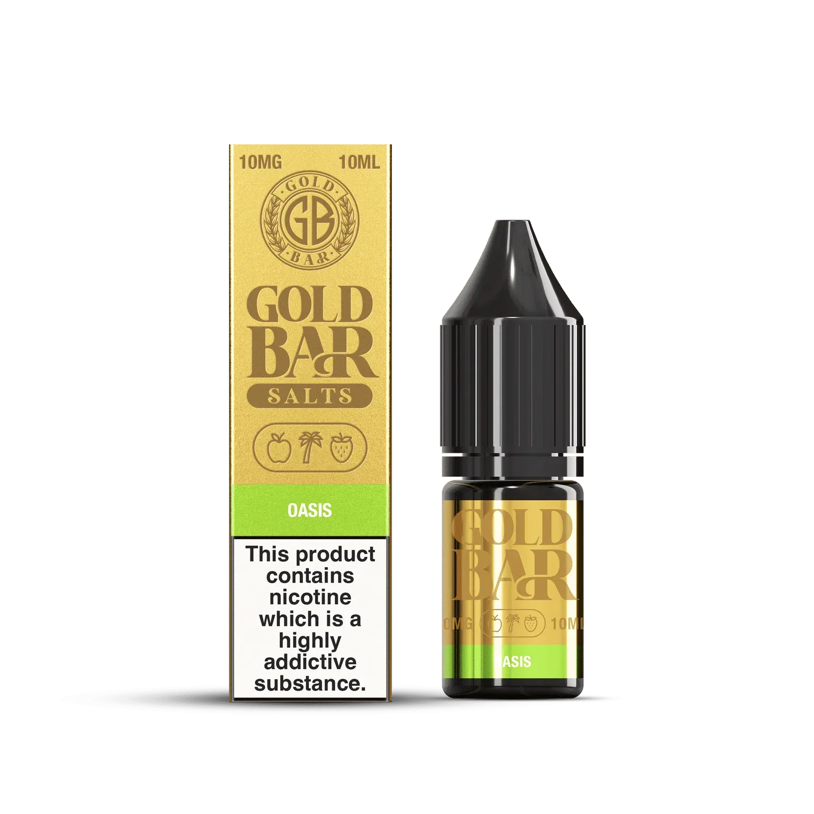 Embalaje y Botella de Gold Bar e-líquido tipo sales de nicotina sabor Oasis, Piña, mango, maracuyá, bayas mixtas, hielo, Pineapple, Mango, Passionfruit, mixed berries, Ice