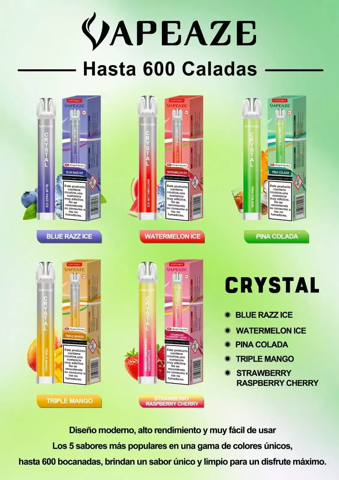 Poster de gama de vapers desechables de Vapeaze sabores frambuesa, mango, sandia, piña y coco, fresa framuesa cereza, Mango Ice, Blue Razz, Pina Colada, Watermelon Ice, Strawberry Raspberry Cherry