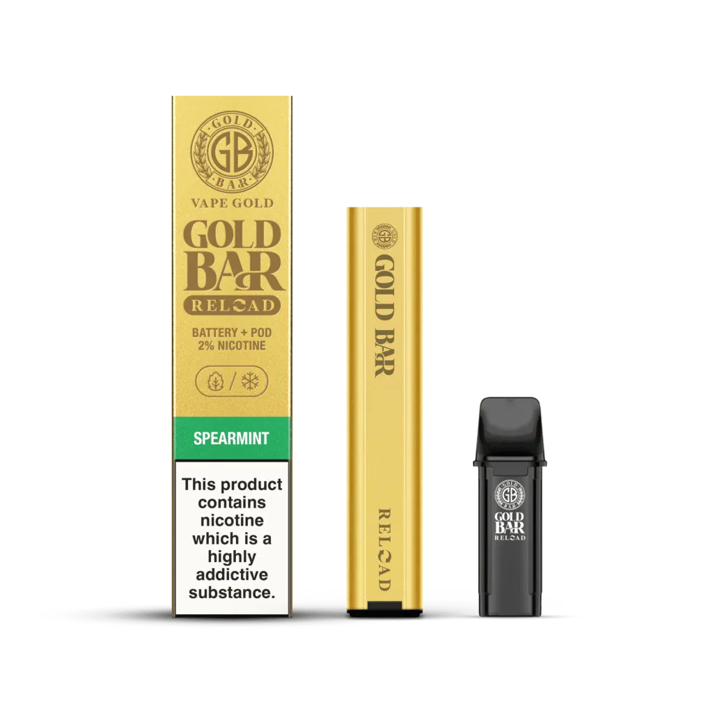 Gold Bar Reload Set de Vaper recargable sistema pod cerrado con 1 cartucho de sabor hierbabuena, Gold Bar Reload Rechargable Vaper Type Closed POD system with 1 POD flavour Spearmint