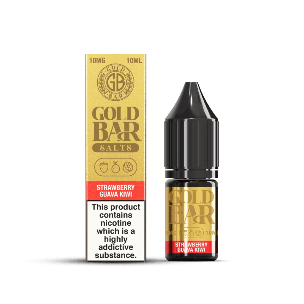 Embalaje y botella de Gold Bar e-líquido tipo sales de nicotina sabor strawberry guava kiwi, fresa guayaba kiwi