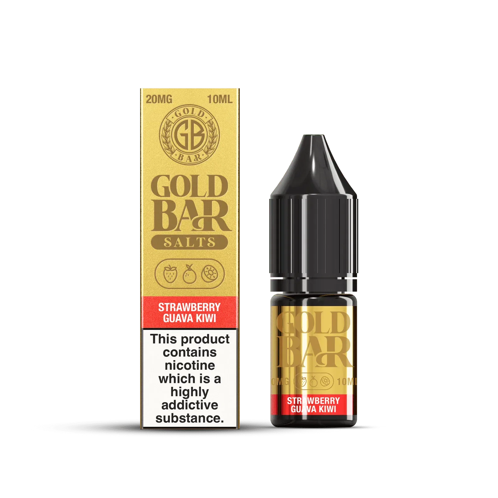 Embalaje y botella de Gold Bar e-líquido tipo sales de nicotina sabor strawberry guava kiwi, fresa guayaba kiwi