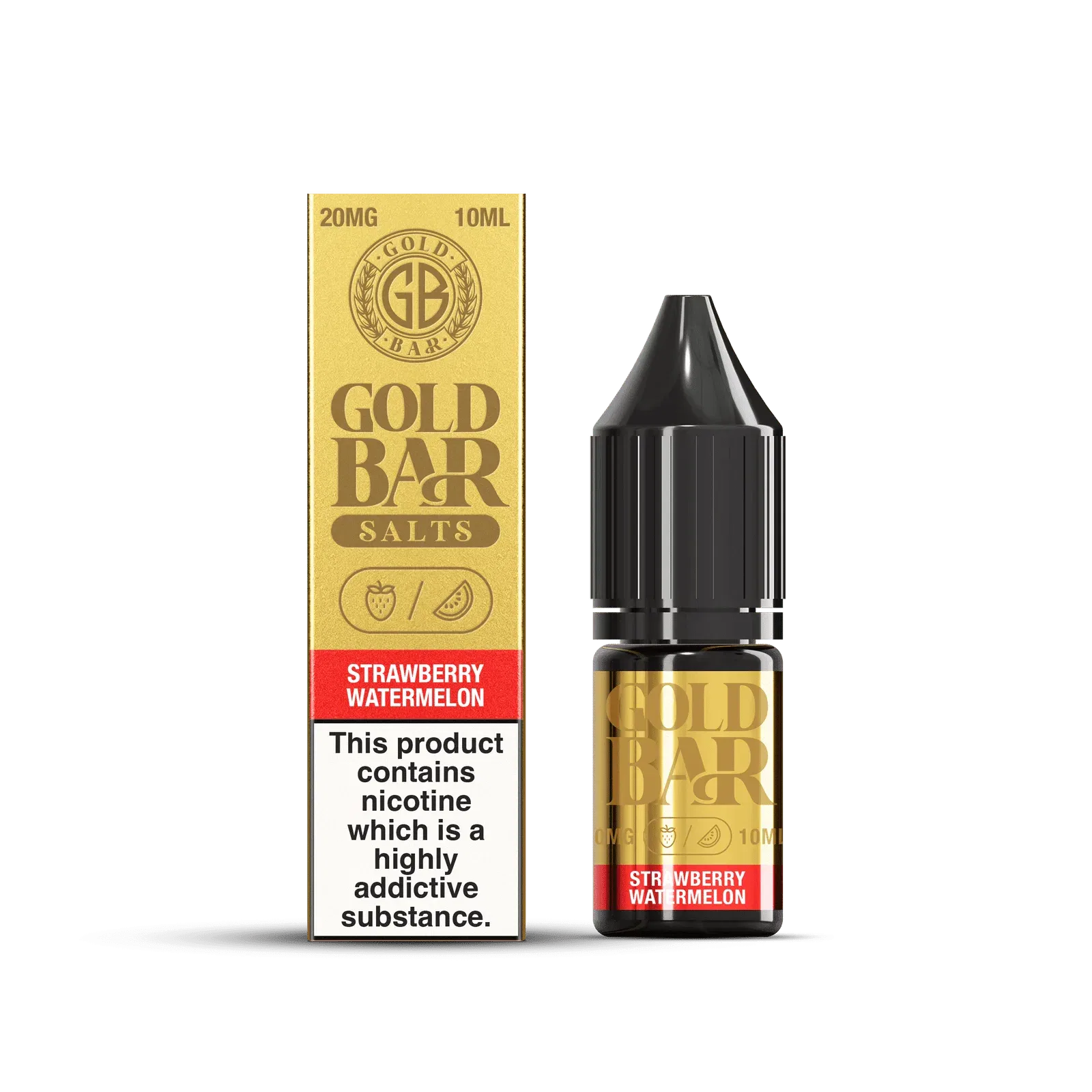 Embalaje y Botella de Gold Bar E-líquido tipo Sales de nicotina Strawberry Watermelon, Fresa Sandía