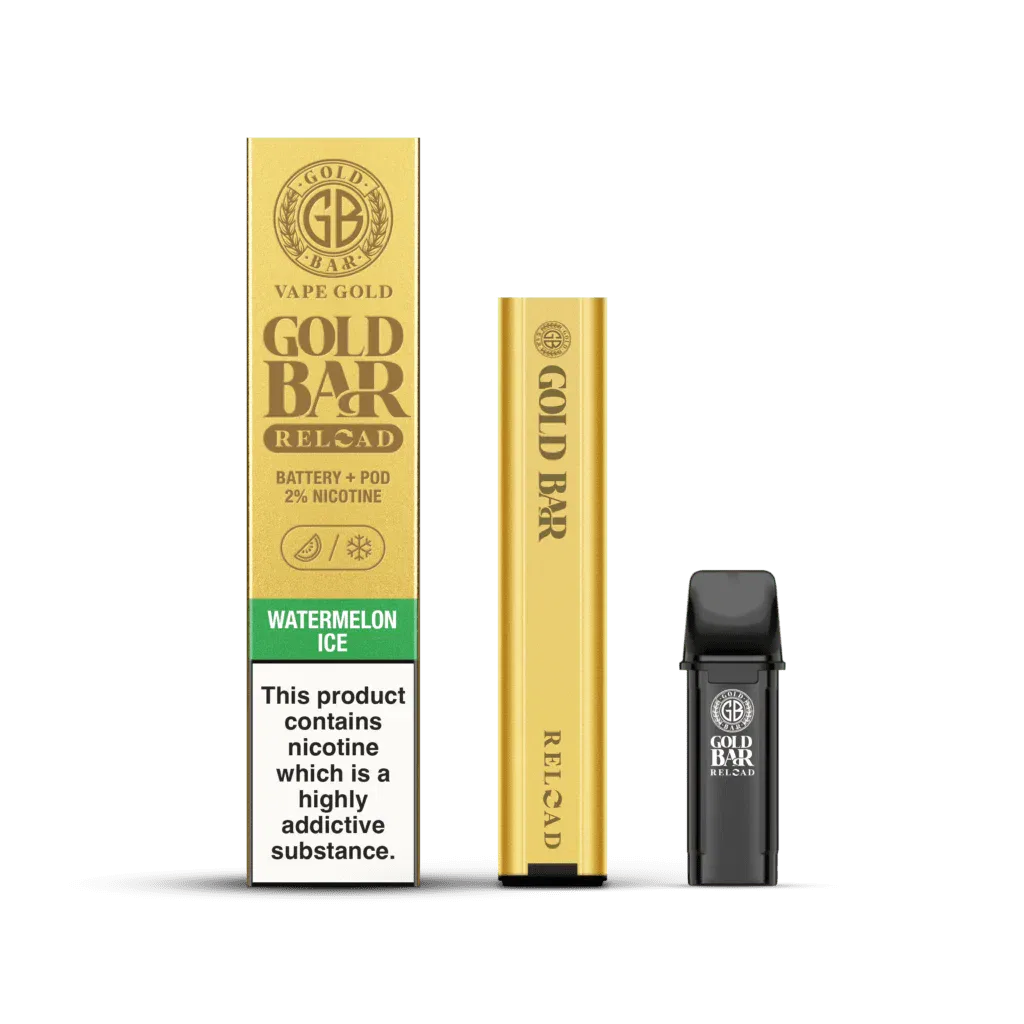 Gold Bar Reload Set de Vaper recargable sistema pod cerrado con 1 cartucho de sabor sandía, Gold Bar Reload Rechargable Vaper Type Closed POD system with 1 POD flavour Watermelon