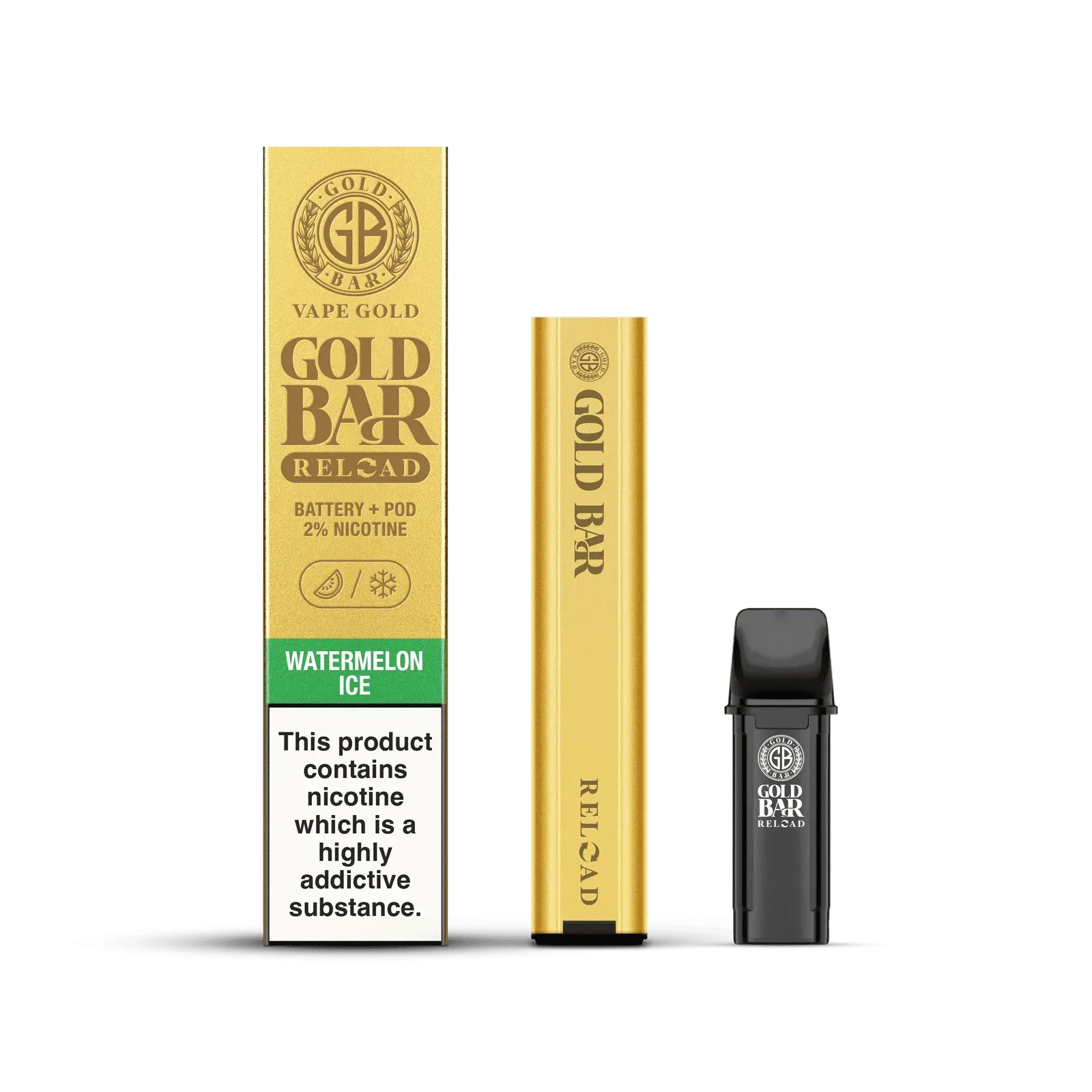 Gold Bar Reload Set de Vaper recargable sistema pod cerrado con 1 cartucho de sabor sandía, Gold Bar Reload Rechargable Vaper Type Closed POD system with 1 POD flavour Watermelon
