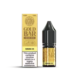 Botella y Embalaje de Gold Bar e-líquido tipo sales de nicotina sabor platano hielo, banana ice