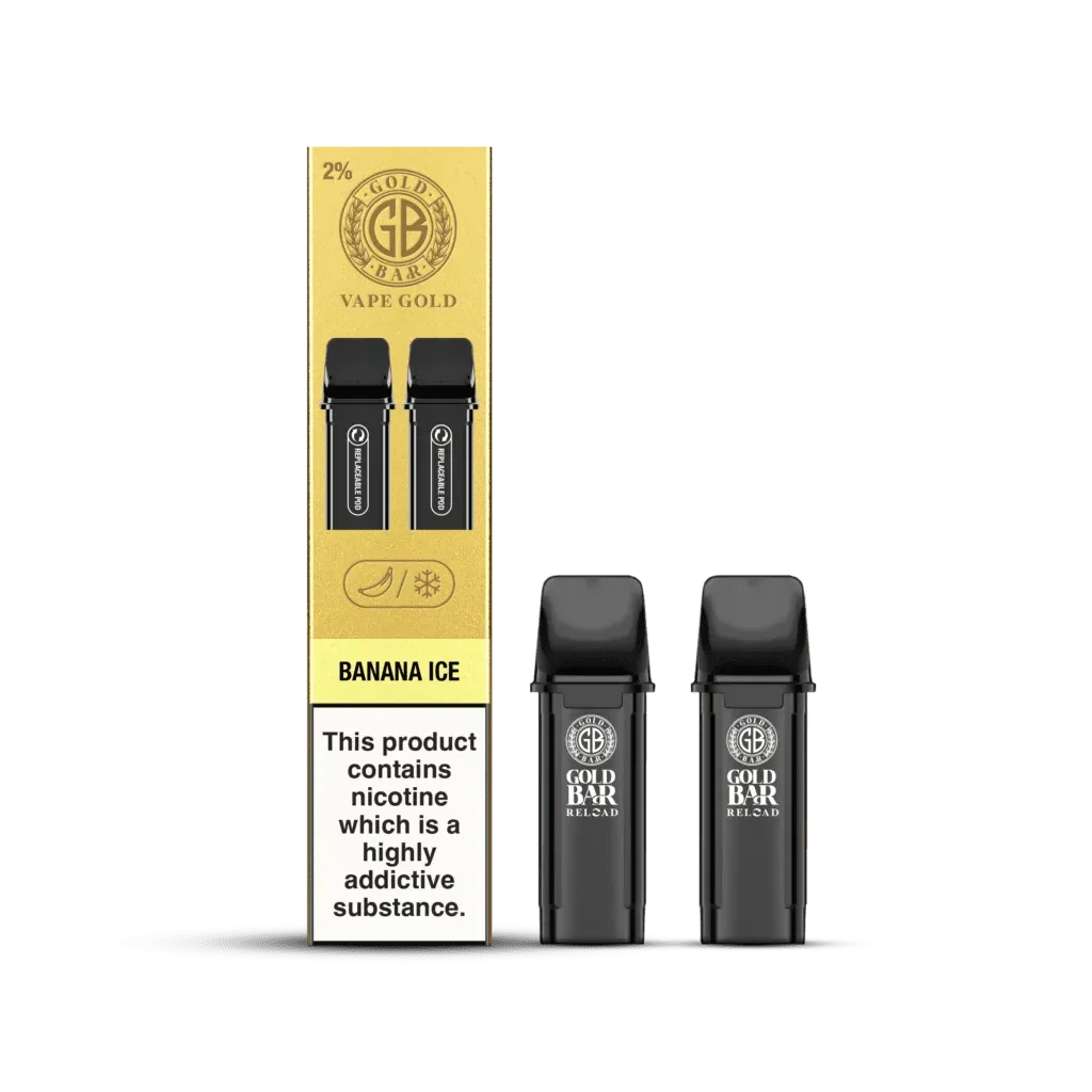 Gold Bar Reload, Cartuchos de Recambio para el Vaper Recargable, cartucho cerrado, closed pos system, sabor platano hielo, Banana Ice, 2 piezas