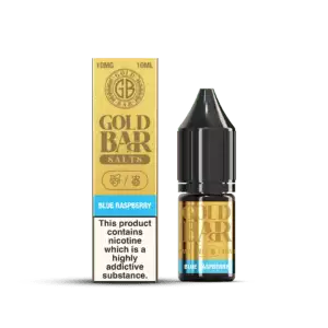 Botella y Embalaje de Gold Bar e-líquido tipo sales de nicotina sabor frambuesa hielo, Blue Raspberry, Blue Razzberry Ice