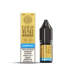 Botella y Embalaje de Gold Bar e-líquido tipo sales de nicotina sabor arandanos hielo, Blueberry Ice