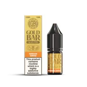 Botella y Embalaje de Gold Bar e-líquido tipo sales de nicotina sabor Hawaiian Sunrise, mango, sandía melocotón, Mango Watermelon Peach