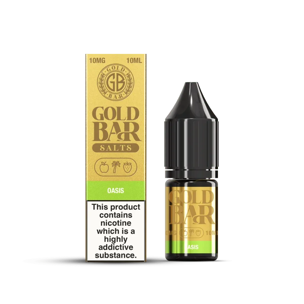 Embalaje y Botella de Gold Bar e-líquido tipo sales de nicotina sabor Oasis, Piña, mango, maracuyá, bayas mixtas, hielo, Pineapple, Mango, Passionfruit, mixed berries, Ice