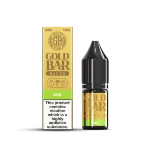 Embalaje y Botella de Gold Bar e-líquido tipo sales de nicotina sabor Oasis, Piña, mango, maracuyá, bayas mixtas, hielo, Pineapple, Mango, Passionfruit, mixed berries, Ice