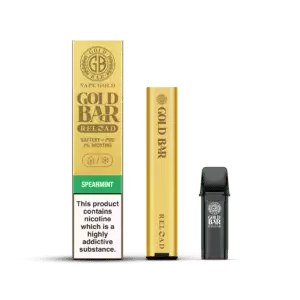 Gold Bar Reload Set de Vaper recargable sistema pod cerrado con 1 cartucho de sabor hierbabuena, Gold Bar Reload Rechargable Vaper Type Closed POD system with 1 POD flavour Spearmint