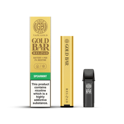 Gold Bar Reload Set de Vaper recargable sistema pod cerrado con 1 cartucho de sabor hierbabuena, Gold Bar Reload Rechargable Vaper Type Closed POD system with 1 POD flavour Spearmint