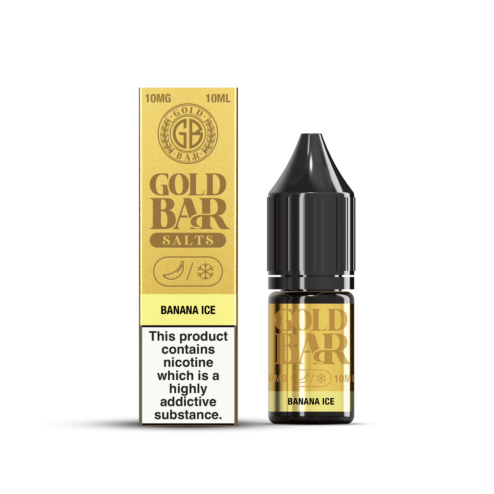 Botella y Embalaje de Gold Bar e-líquido tipo sales de nicotina sabor platano hielo, banana ice