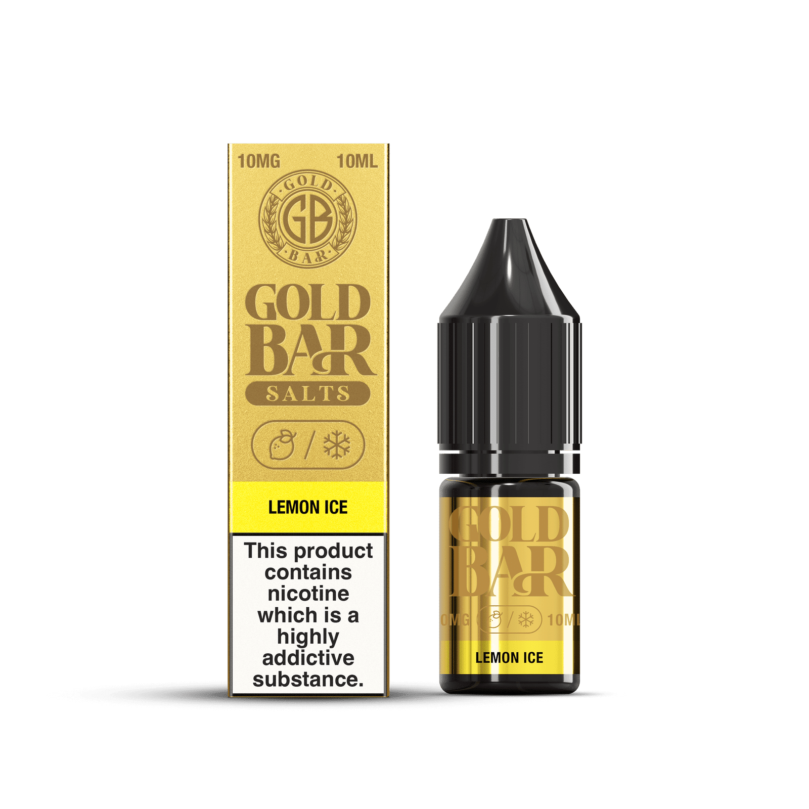 Botella y Embalaje de Gold Bar e-líquido tipo sales de nicotina sabor limón hielo, lemon ice