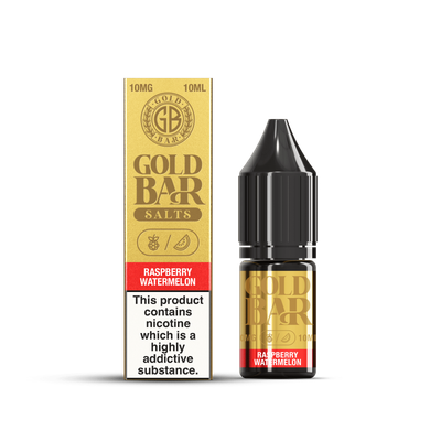 Embalaje y Botella de Gold Bar e-líquido tipo sales de nicotina sabor frambuesa sandía, raspberry watermelon