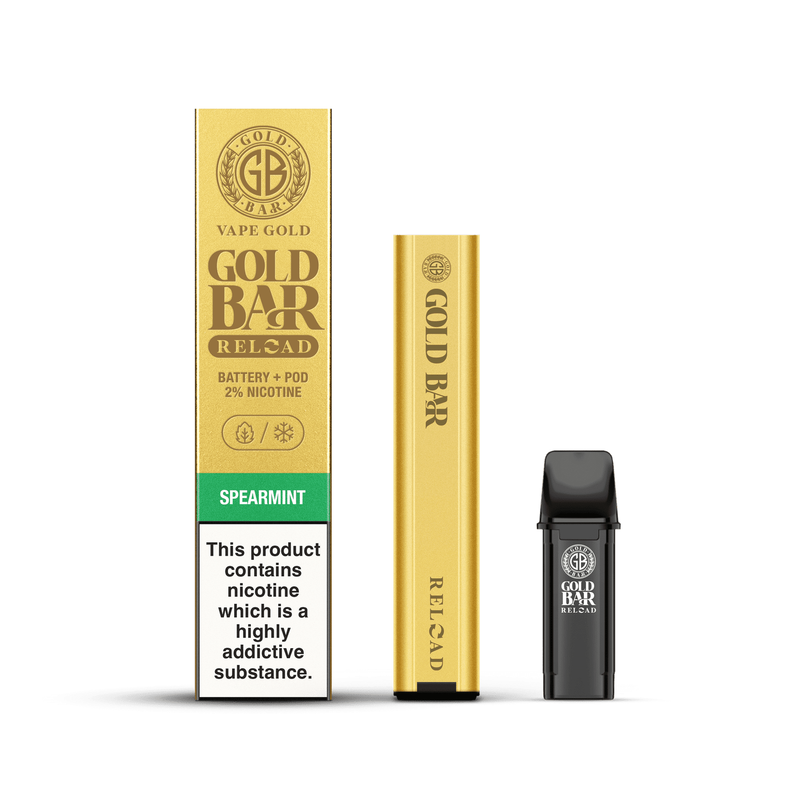 Gold Bar Reload Set de Vaper recargable sistema pod cerrado con 1 cartucho de sabor hierbabuena, Gold Bar Reload Rechargable Vaper Type Closed POD system with 1 POD flavour Spearmint